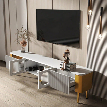 TV-Schrank mit Schubladen und speziell geformten Türverkleidungen, goldenen Griffen und Beinen, Bogenform