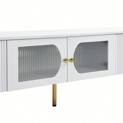 TV-Schrank mit Schubladen und speziell geformten Türverkleidungen, goldenen Griffen und Beinen, Bogenform