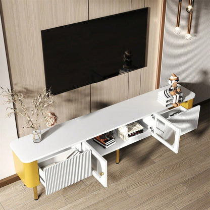 TV-Schrank mit Schubladen und speziell geformten Türverkleidungen, goldenen Griffen und Beinen, Bogenform