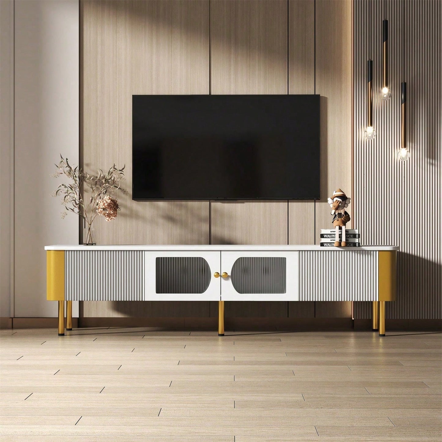 TV-Schrank mit Schubladen und speziell geformten Türverkleidungen, goldenen Griffen und Beinen, Bogenform