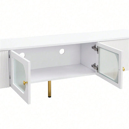 TV-Schrank mit Schubladen und speziell geformten Türverkleidungen, goldenen Griffen und Beinen, Bogenform
