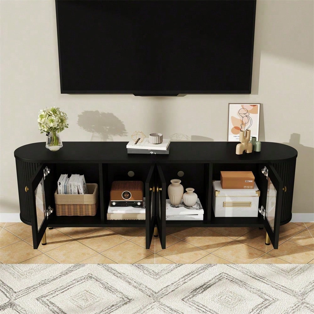 TV-Schrank, Lowboard mit Glastüren, praktische Aufbewahrungsmöbel fürs Wohnzimmer, goldene Griffe und Beine