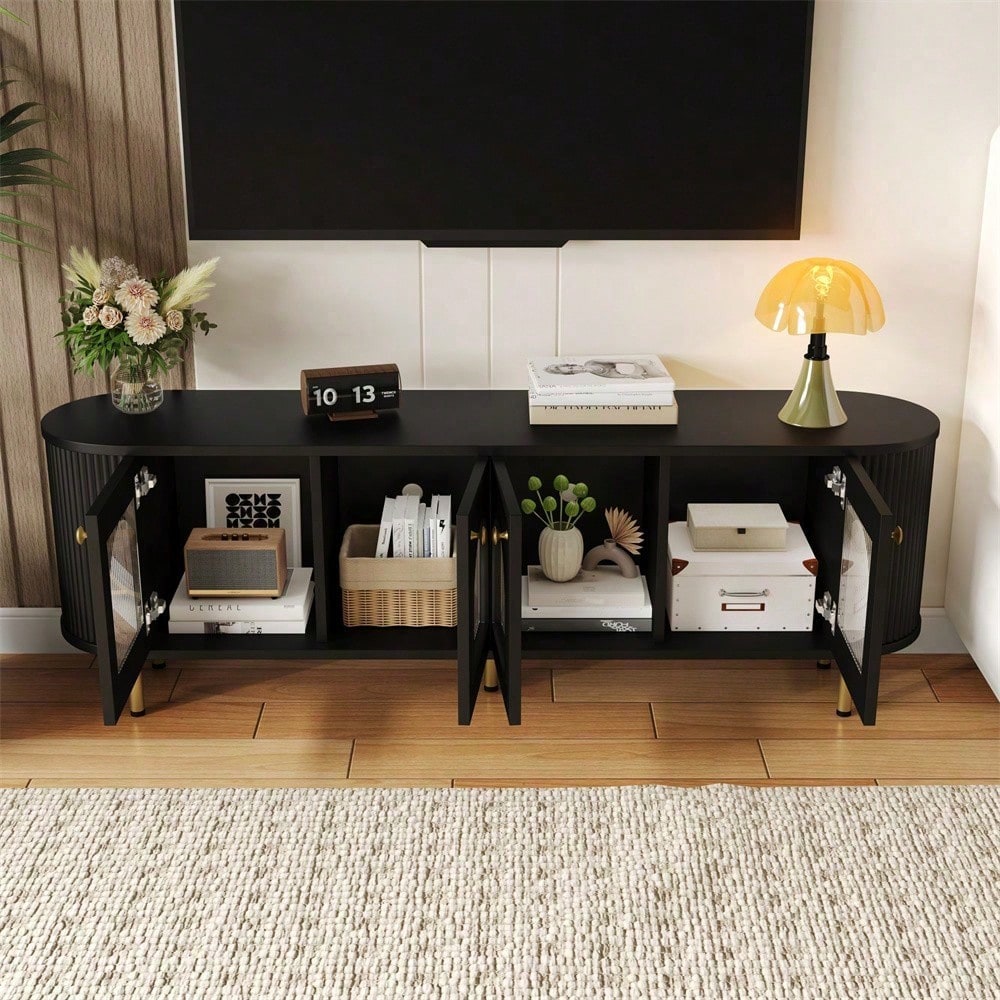TV-Schrank, Lowboard mit Glastüren, praktische Aufbewahrungsmöbel fürs Wohnzimmer, goldene Griffe und Beine