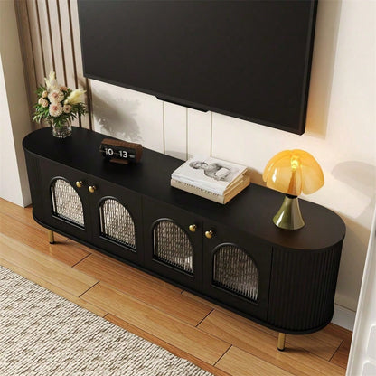 TV-Schrank, Lowboard mit Glastüren, praktische Aufbewahrungsmöbel fürs Wohnzimmer, goldene Griffe und Beine