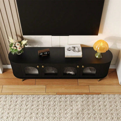 TV-Schrank, Lowboard mit Glastüren, praktische Aufbewahrungsmöbel fürs Wohnzimmer, goldene Griffe und Beine