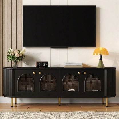 TV-Schrank, Lowboard mit Glastüren, praktische Aufbewahrungsmöbel fürs Wohnzimmer, goldene Griffe und Beine