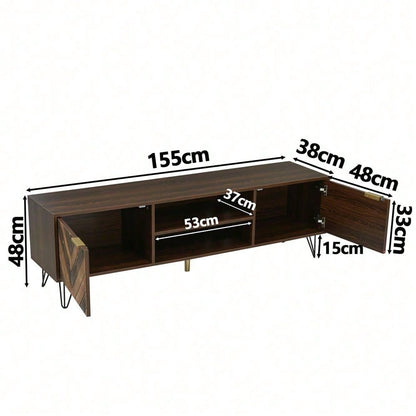 TV-Schrank mit zwei Türen, Türen aus Massivholzfurnier. TV-Schrank mit zwei Fächern, niedriges Paneel, TV-Schrank. Goldgriffe und Eisenfüße.