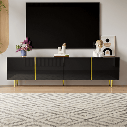 Schwarzes Hochglanz-TV-Schrank mit 4 Türen, modern und schlicht, in Schwarz-Gold-Farbkombination