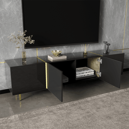 Schwarzes Hochglanz-TV-Schrank mit 4 Türen, modern und schlicht, in Schwarz-Gold-Farbkombination