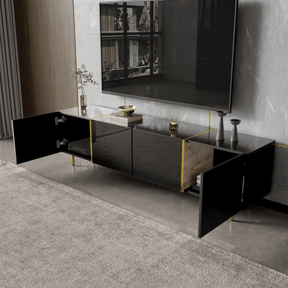 Schwarzes Hochglanz-TV-Schrank mit 4 Türen, modern und schlicht, in Schwarz-Gold-Farbkombination