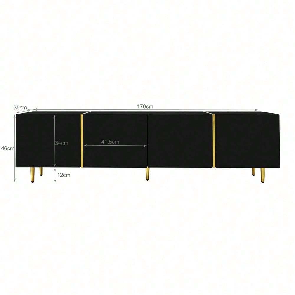 Schwarzes Hochglanz-TV-Schrank mit 4 Türen, modern und schlicht, in Schwarz-Gold-Farbkombination