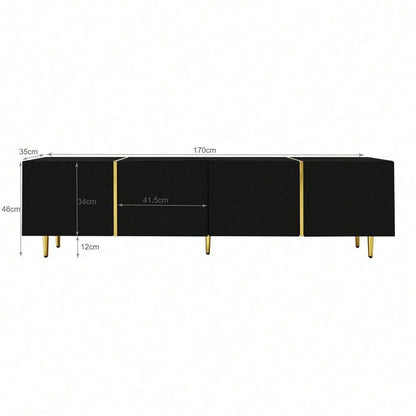 Schwarzes Hochglanz-TV-Schrank mit 4 Türen, modern und schlicht, in Schwarz-Gold-Farbkombination