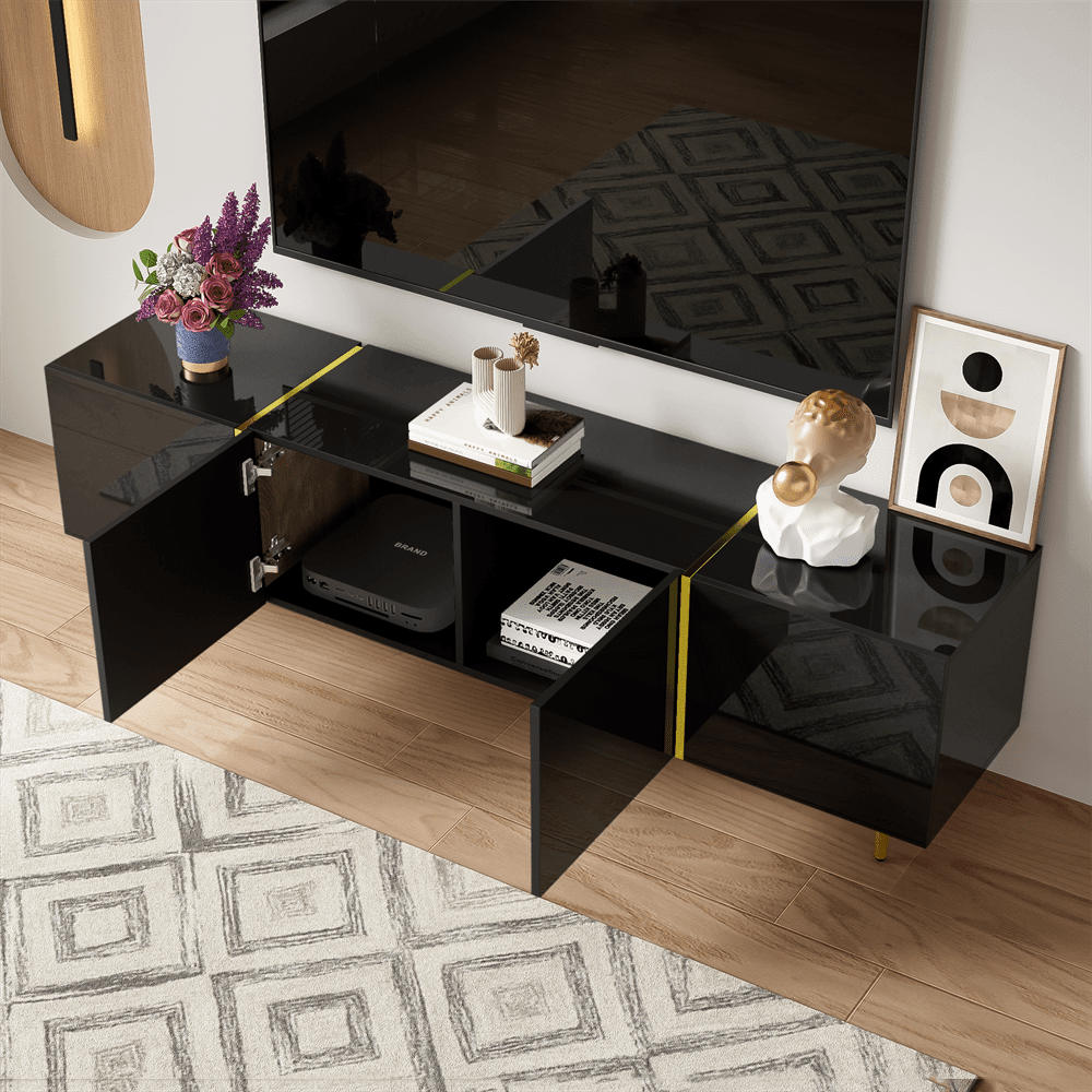 Schwarzes Hochglanz-TV-Schrank mit 4 Türen, modern und schlicht, in Schwarz-Gold-Farbkombination