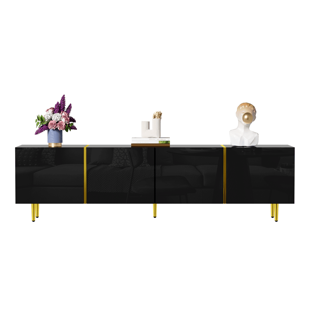 Schwarzes Hochglanz-TV-Schrank mit 4 Türen, modern und schlicht, in Schwarz-Gold-Farbkombination
