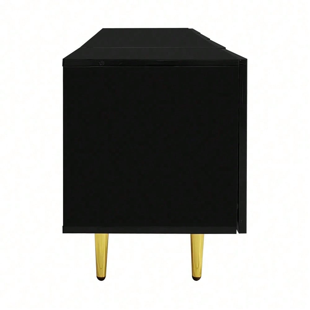 Schwarzes Hochglanz-TV-Schrank mit 4 Türen, modern und schlicht, in Schwarz-Gold-Farbkombination