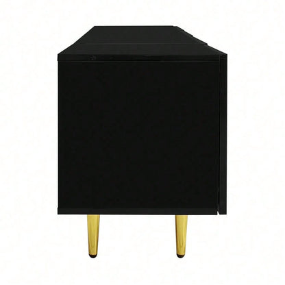 Schwarzes Hochglanz-TV-Schrank mit 4 Türen, modern und schlicht, in Schwarz-Gold-Farbkombination