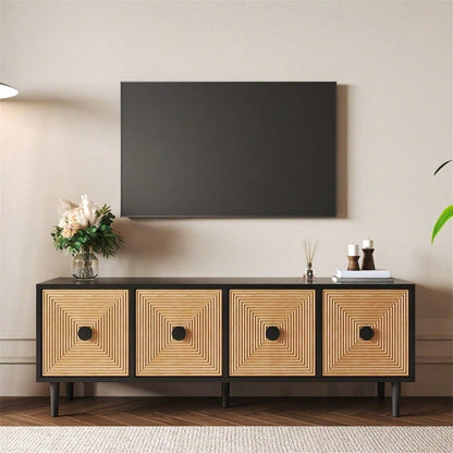 Moderner schwarzer TV-Schrank – 150 x 38 x 55 cm, niedrige Lowboard aus Bambus, TV-Schrankmöbel mit Stauraum