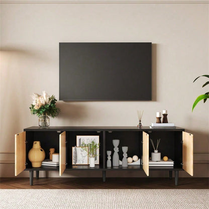Moderner schwarzer TV-Schrank – 150 x 38 x 55 cm, niedrige Lowboard aus Bambus, TV-Schrankmöbel mit Stauraum