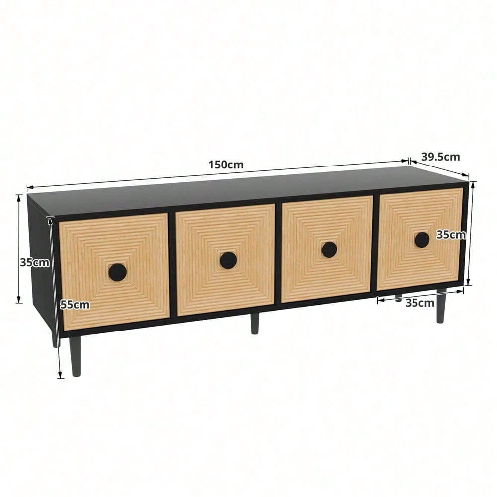 Moderner schwarzer TV-Schrank – 150 x 38 x 55 cm, niedrige Lowboard aus Bambus, TV-Schrankmöbel mit Stauraum