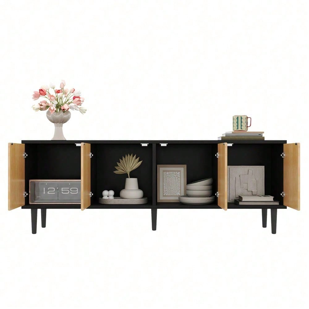Moderner schwarzer TV-Schrank – 150 x 38 x 55 cm, niedrige Lowboard aus Bambus, TV-Schrankmöbel mit Stauraum