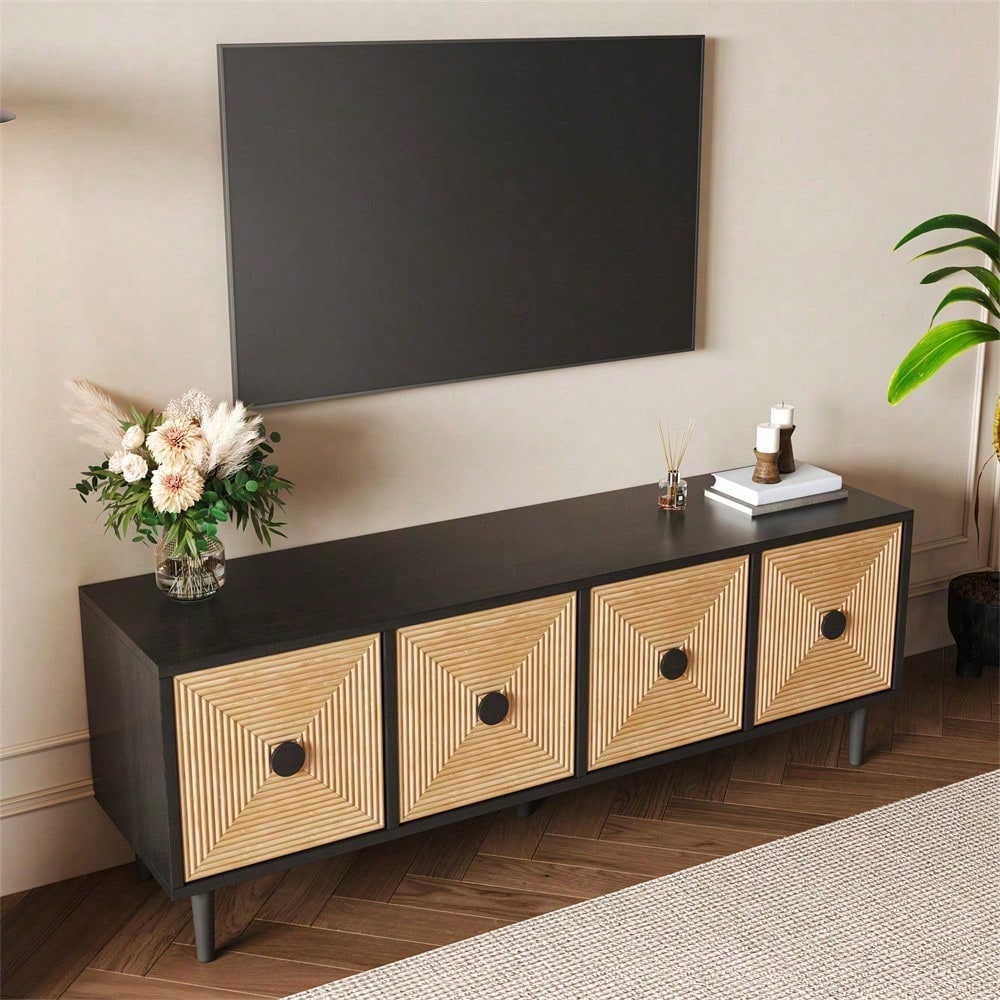 Moderner schwarzer TV-Schrank – 150 x 38 x 55 cm, niedrige Lowboard aus Bambus, TV-Schrankmöbel mit Stauraum