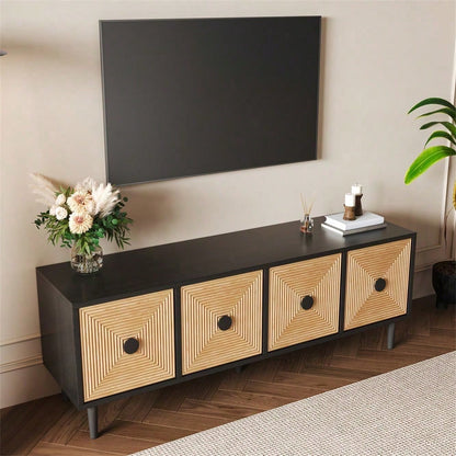 Moderner schwarzer TV-Schrank – 150 x 38 x 55 cm, niedrige Lowboard aus Bambus, TV-Schrankmöbel mit Stauraum