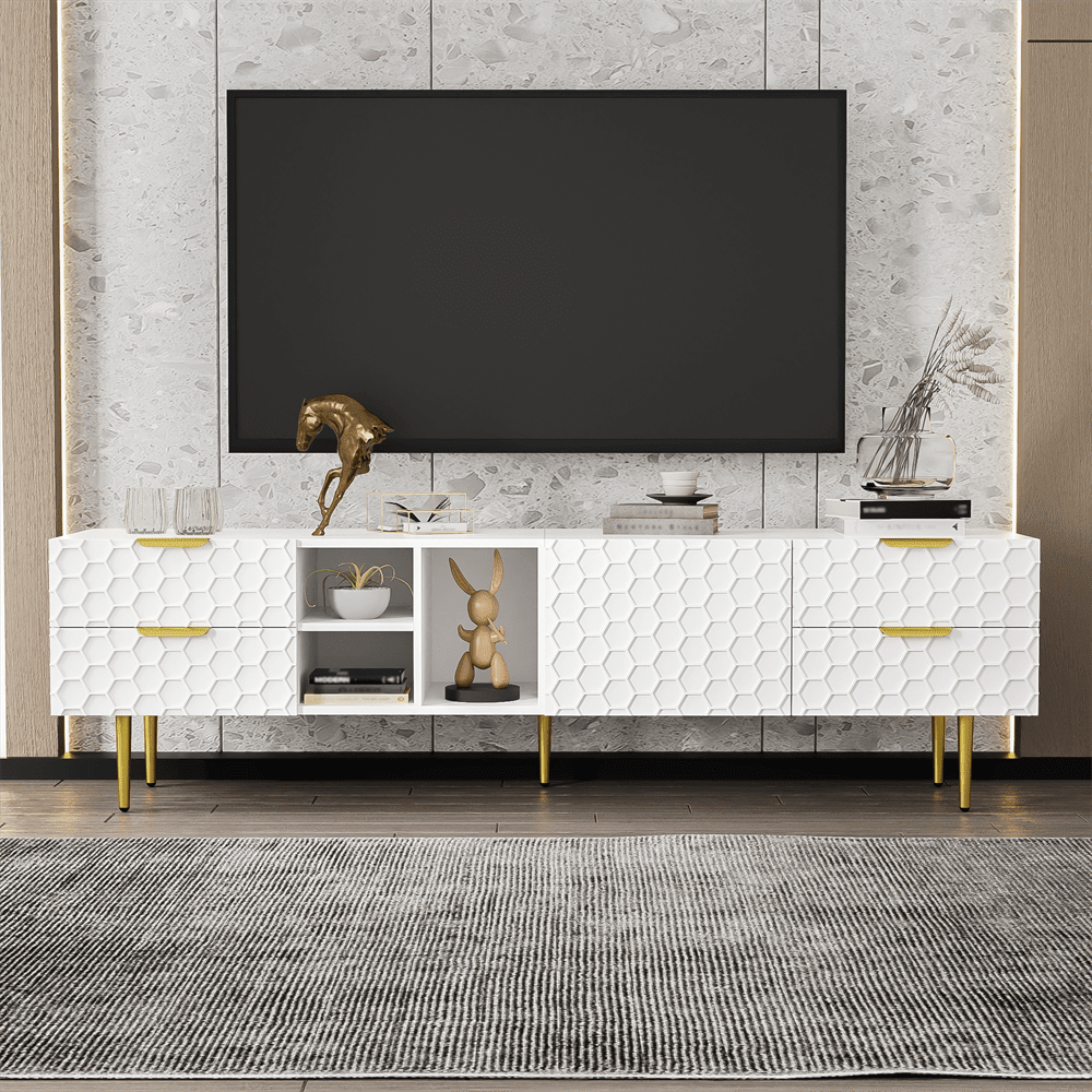 TV-Schrank, lowboard mit strukturierten Türen, TV-Möbel mit Schubladen, offenen Fächern, goldenen Griffen und goldenen Füßen
