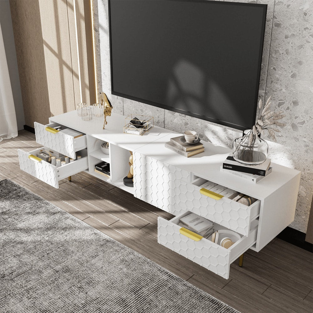 TV-Schrank, lowboard mit strukturierten Türen, TV-Möbel mit Schubladen, offenen Fächern, goldenen Griffen und goldenen Füßen