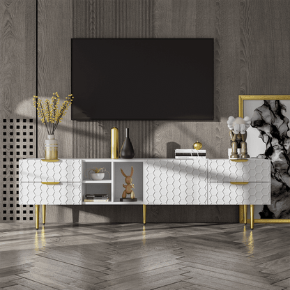 TV-Schrank, lowboard mit strukturierten Türen, TV-Möbel mit Schubladen, offenen Fächern, goldenen Griffen und goldenen Füßen
