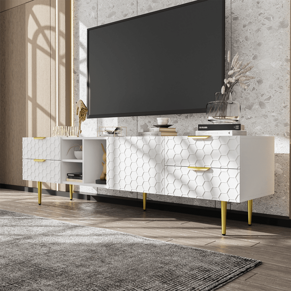 TV-Schrank, lowboard mit strukturierten Türen, TV-Möbel mit Schubladen, offenen Fächern, goldenen Griffen und goldenen Füßen