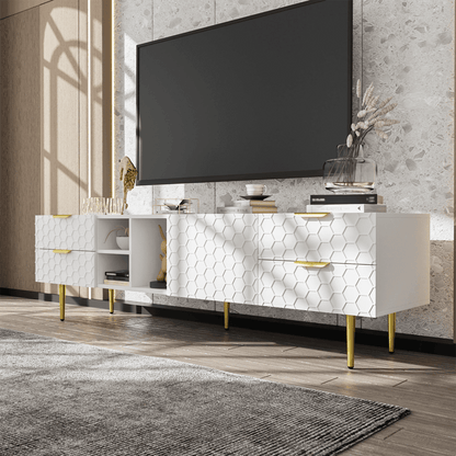 TV-Schrank, lowboard mit strukturierten Türen, TV-Möbel mit Schubladen, offenen Fächern, goldenen Griffen und goldenen Füßen