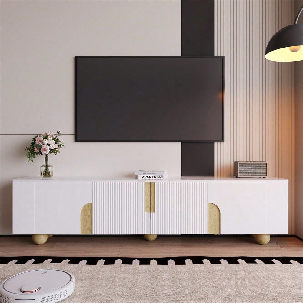 Weißer TV-Schrank 180 cm, 4 Türen, elegantes Design, Marmoroptik-Oberfläche, kugelförmige Holzfüße