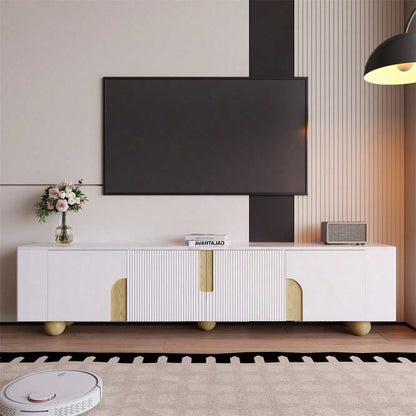 Weißer TV-Schrank 180 cm, 4 Türen, elegantes Design, Marmoroptik-Oberfläche, kugelförmige Holzfüße