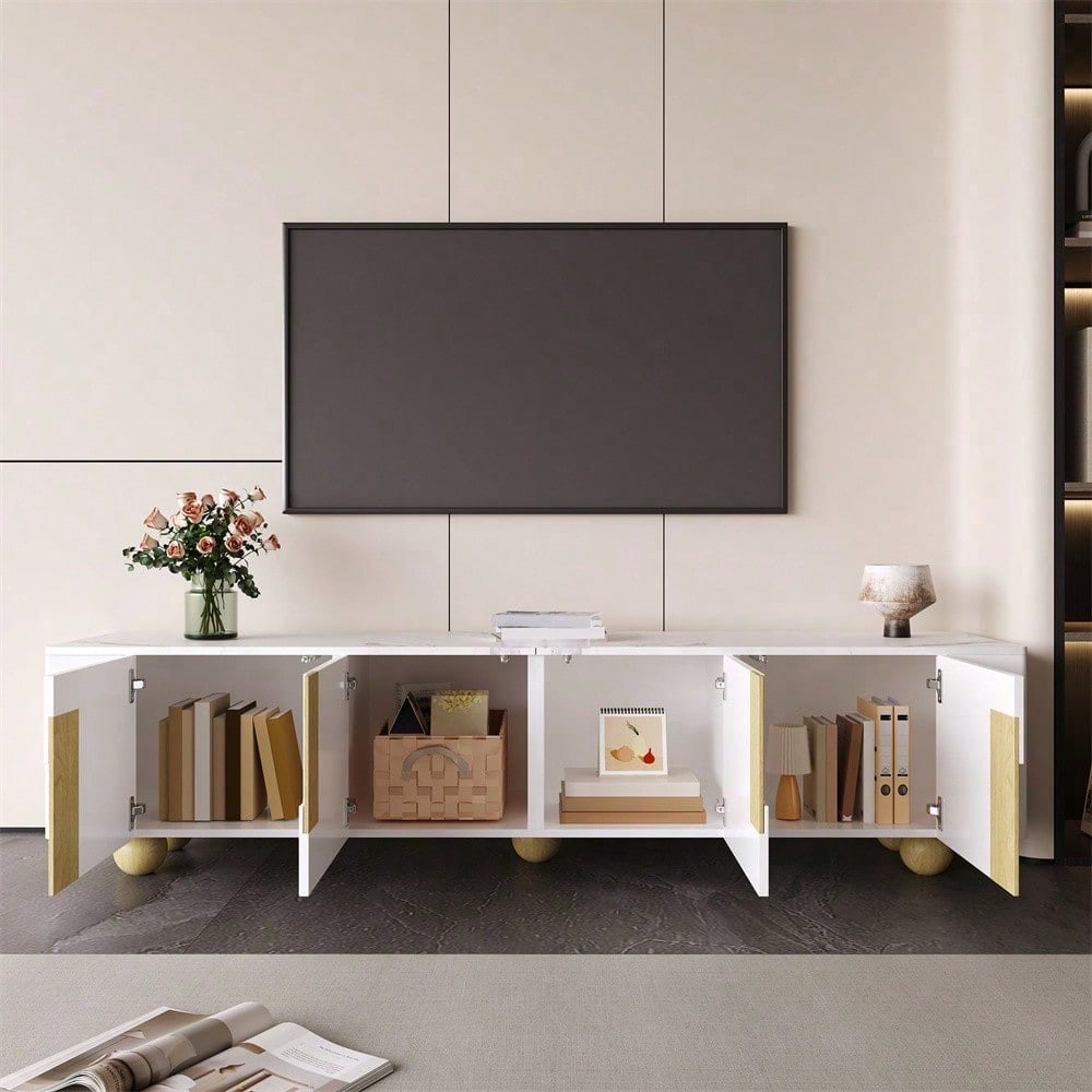 Weißer TV-Schrank 180 cm, 4 Türen, elegantes Design, Marmoroptik-Oberfläche, kugelförmige Holzfüße