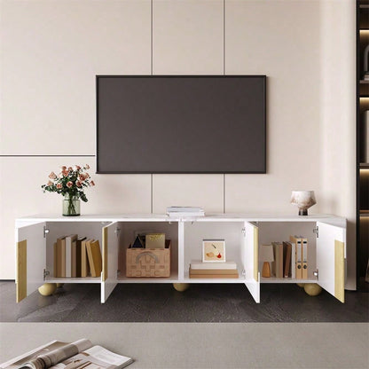 Weißer TV-Schrank 180 cm, 4 Türen, elegantes Design, Marmoroptik-Oberfläche, kugelförmige Holzfüße