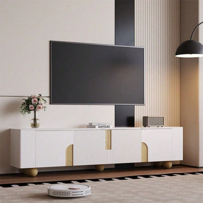 Weißer TV-Schrank 180 cm, 4 Türen, elegantes Design, Marmoroptik-Oberfläche, kugelförmige Holzfüße