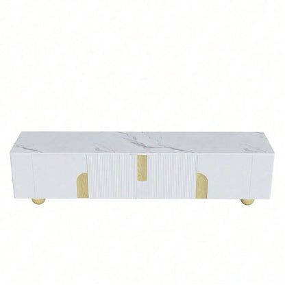 Weißer TV-Schrank 180 cm, 4 Türen, elegantes Design, Marmoroptik-Oberfläche, kugelförmige Holzfüße