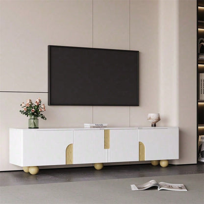 Weißer TV-Schrank 180 cm, 4 Türen, elegantes Design, Marmoroptik-Oberfläche, kugelförmige Holzfüße