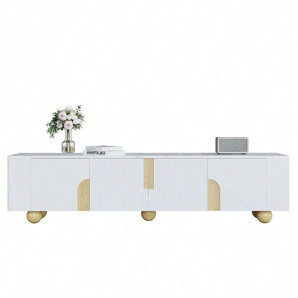 Weißer TV-Schrank 180 cm, 4 Türen, elegantes Design, Marmoroptik-Oberfläche, kugelförmige Holzfüße