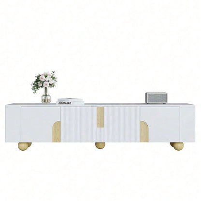 Weißer TV-Schrank 180 cm, 4 Türen, elegantes Design, Marmoroptik-Oberfläche, kugelförmige Holzfüße