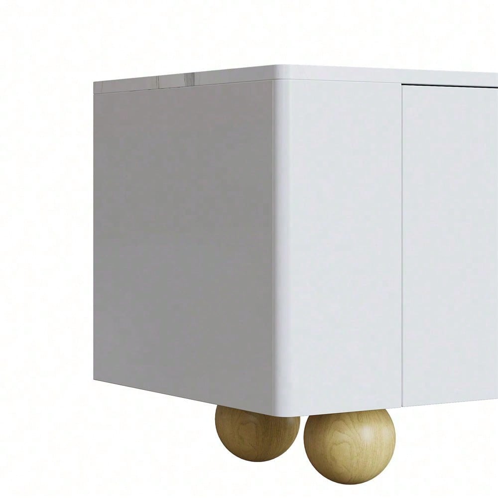 Weißer TV-Schrank 180 cm, 4 Türen, elegantes Design, Marmoroptik-Oberfläche, kugelförmige Holzfüße