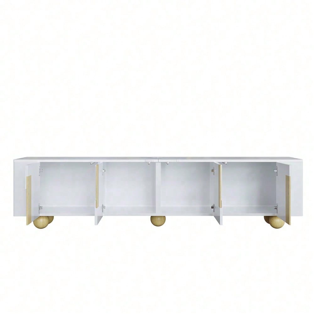 Weißer TV-Schrank 180 cm, 4 Türen, elegantes Design, Marmoroptik-Oberfläche, kugelförmige Holzfüße