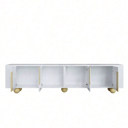 Weißer TV-Schrank 180 cm, 4 Türen, elegantes Design, Marmoroptik-Oberfläche, kugelförmige Holzfüße