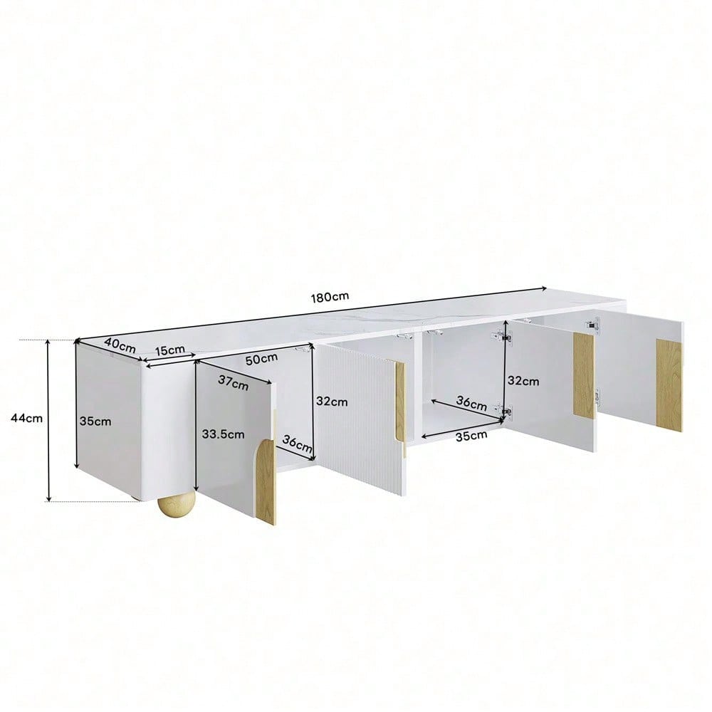 Weißer TV-Schrank 180 cm, 4 Türen, elegantes Design, Marmoroptik-Oberfläche, kugelförmige Holzfüße