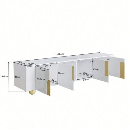 Weißer TV-Schrank 180 cm, 4 Türen, elegantes Design, Marmoroptik-Oberfläche, kugelförmige Holzfüße