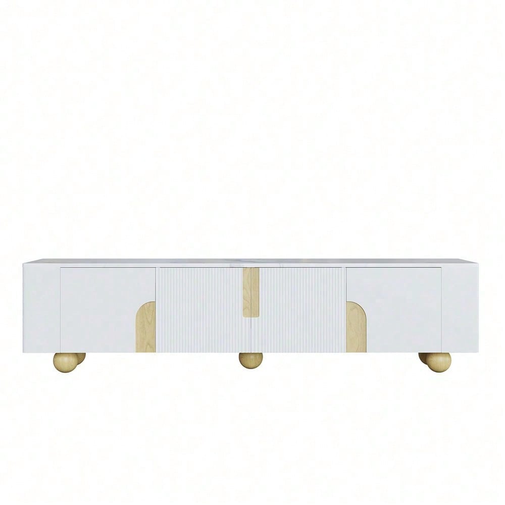 Weißer TV-Schrank 180 cm, 4 Türen, elegantes Design, Marmoroptik-Oberfläche, kugelförmige Holzfüße