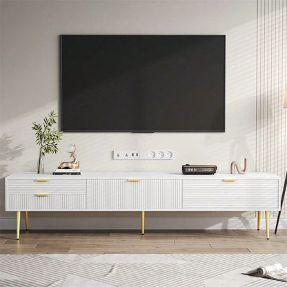 Stilvoller TV-Schrank, lowboard. Mit Schubladen und Türen, Wohnzimmermöbel. Modernes Design. goldene Griffe und Beine.