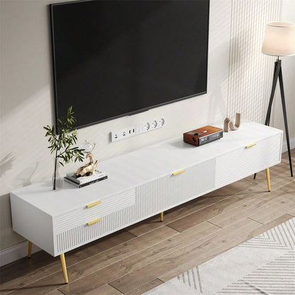 Stilvoller TV-Schrank, lowboard. Mit Schubladen und Türen, Wohnzimmermöbel. Modernes Design. goldene Griffe und Beine.