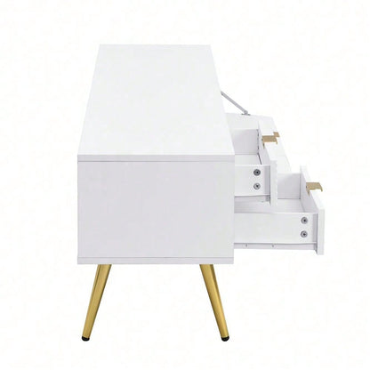 Stilvoller TV-Schrank, lowboard. Mit Schubladen und Türen, Wohnzimmermöbel. Modernes Design. goldene Griffe und Beine.