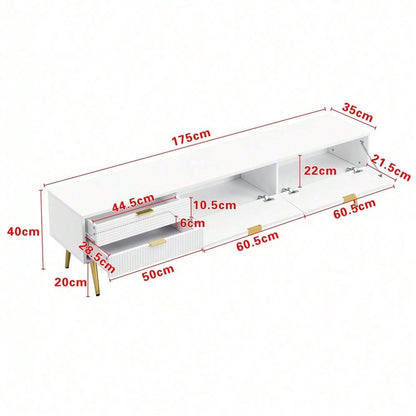 Stilvoller TV-Schrank, lowboard. Mit Schubladen und Türen, Wohnzimmermöbel. Modernes Design. goldene Griffe und Beine.